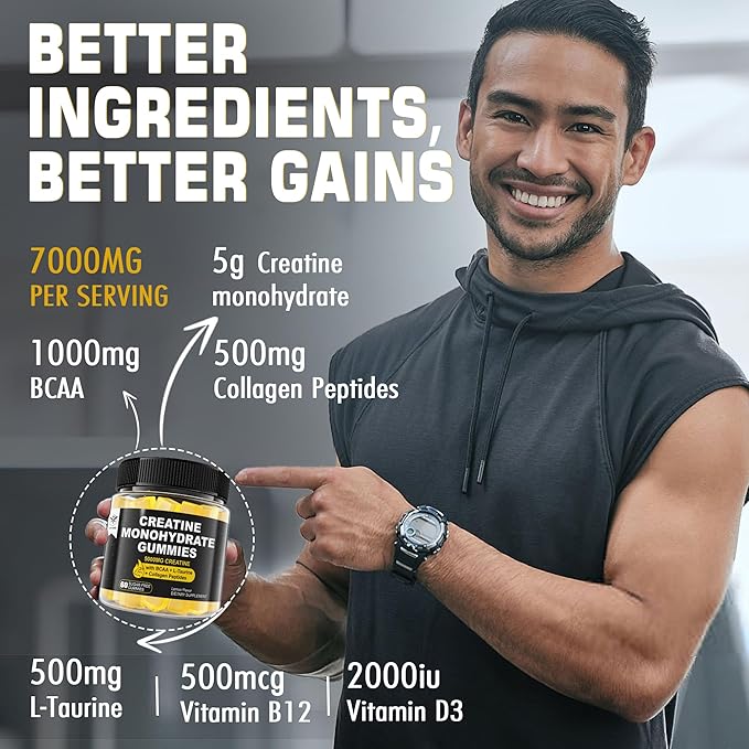 Creatine Monohydrate Gummies 5g for Men & Women, 7000mg with BCAA, Collagen Peptides, L-Taurine, Vitamin B12, D3, Chewables Creatine for Muscle, Delicious Natural Lemon Flavor, Sugar Free, 2 Pack