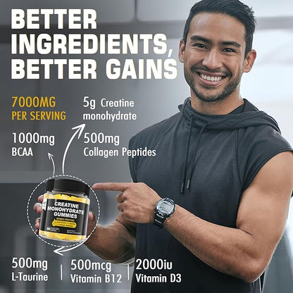 Creatine Monohydrate Gummies 5g for Men & Women, 7000mg with BCAA, Collagen Peptides, L-Taurine, Vitamin B12, D3, Chewables Creatine for Muscle, Delicious Natural Lemon Flavor, Sugar Free, 2 Pack