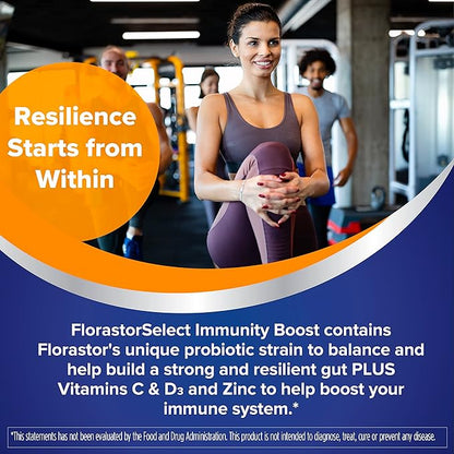 Florastor Select Immunity Boost Daily Probiotic & Immune Support Supplement for Women and Men, Saccharomyces Boulardii CNCM I-745 Plus Zinc, Vitamin C & D3 (30 Capsules)