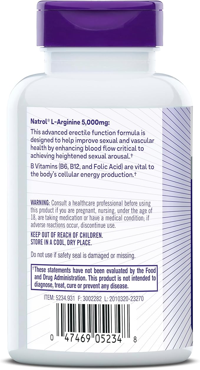 Natrol L-Arginine 5,000 mg, Dietary Supplement for Men's Health, L-Arginine Supplement, 90 Tablets, 18 Day Supply