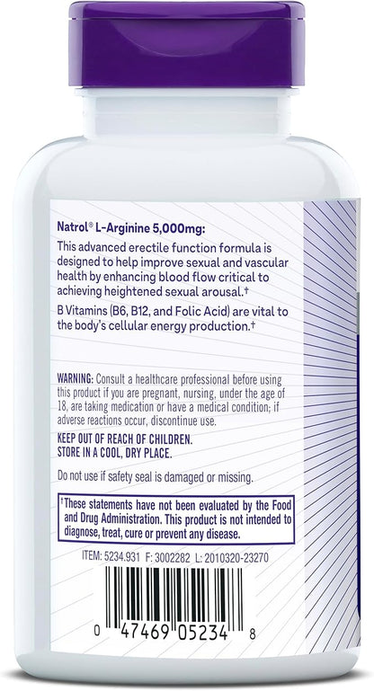 Natrol L-Arginine 5,000 mg, Dietary Supplement for Men's Health, L-Arginine Supplement, 90 Tablets, 18 Day Supply
