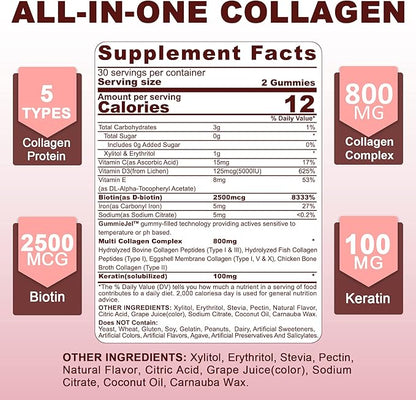 Hydrolyzed Collagen Peptides Gummies 800mg, Sugar Free Multi Peptides Type I II III V & X, Plus Biotin, Keratin & Vitamin for Women Men Healthy Skin Hair Nails, Bone & Joint Support