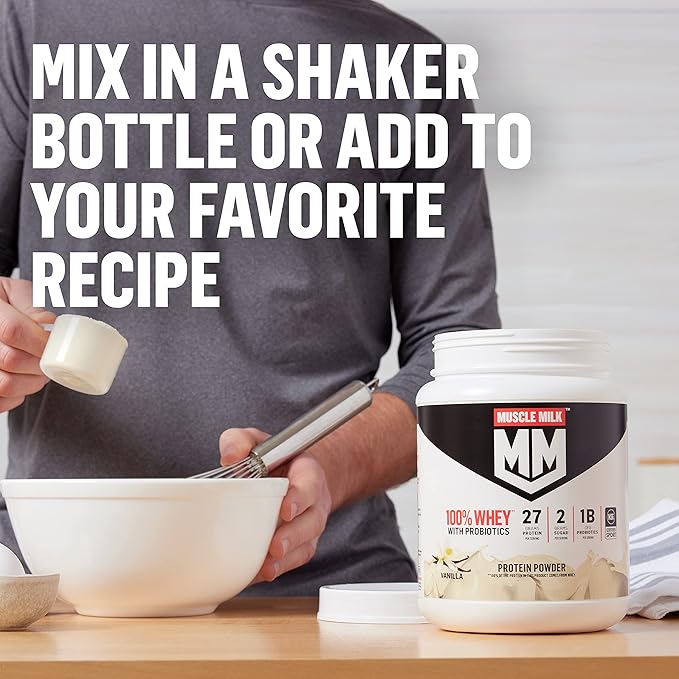 Muscle Milk 100% Whey With Probiotics Protein Powder, Vanilla, 1.85 Pound, 23 Servings, 27g Protein, 2g Sugar, 1B CFU Probiotics, Low in Fat, NSF Certified for Sport, Packaging May Vary