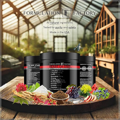Heart of Steel: 10-in-1 Metabolic Maximizer Nitric Oxide Supplement, Blood Pressure Support, L Arginine, L Citrulline Natural Pre-Workout: Energy Management (120 Capsules - 1 Month)