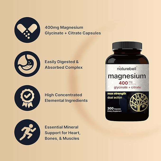 Magnesium Complex 400mg Supplement, 300 Capsules | Magnesium Glycinate + Citrate Elemental Forms – Essential Minerals for Heart, Muscle, & Digestion Support – Non-GMO & No Gluten