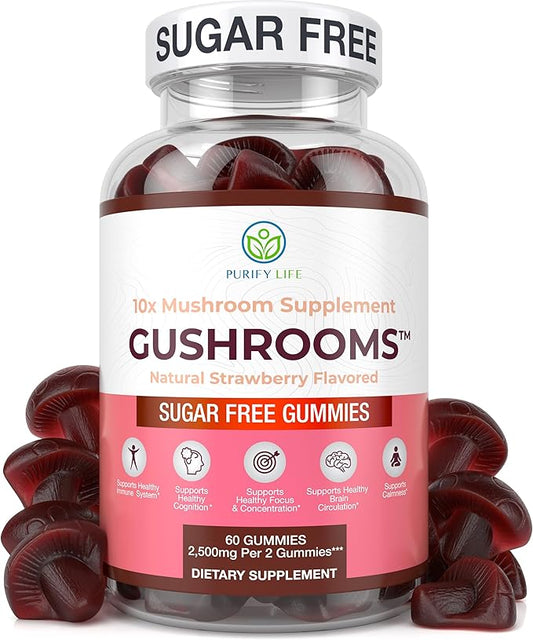 Sugar-Free Mushroom Complex Gummies - Potent 10x Mushroom Supplement with Lions Mane, Chaga, Reishi, Cordyceps (2500mg) Natural Stress Support Calm Gummies, Nootropic Focus Gummies, No Sugar or Pills