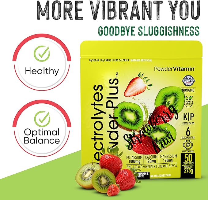 Electrolytes Powder Plus (50 Servings), 0 Calorie Keto, 0 Sugar, No Maltodextrin,1000mg Potassium,120mg Calcium,120mg Magnesium, Hydration Powder (50 Servings, Strawberry Kiwi)