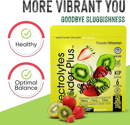 Electrolytes Powder Plus (50 Servings), 0 Calorie Keto, 0 Sugar, No Maltodextrin,1000mg Potassium,120mg Calcium,120mg Magnesium, Hydration Powder (50 Servings, Strawberry Kiwi)