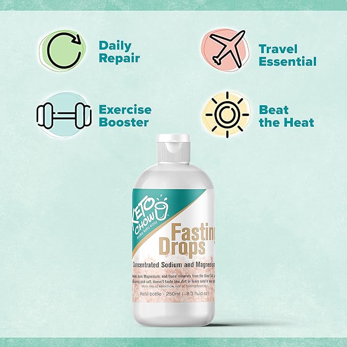 Keto Chow Fasting Drops | Sodium and Ionic Magnesium Fasting Supplement | Intermittent Fasting Mineral Supplements | Electrolyte Replenisher | On The Go Container | (250ml/8.3 fl oz. Refill)