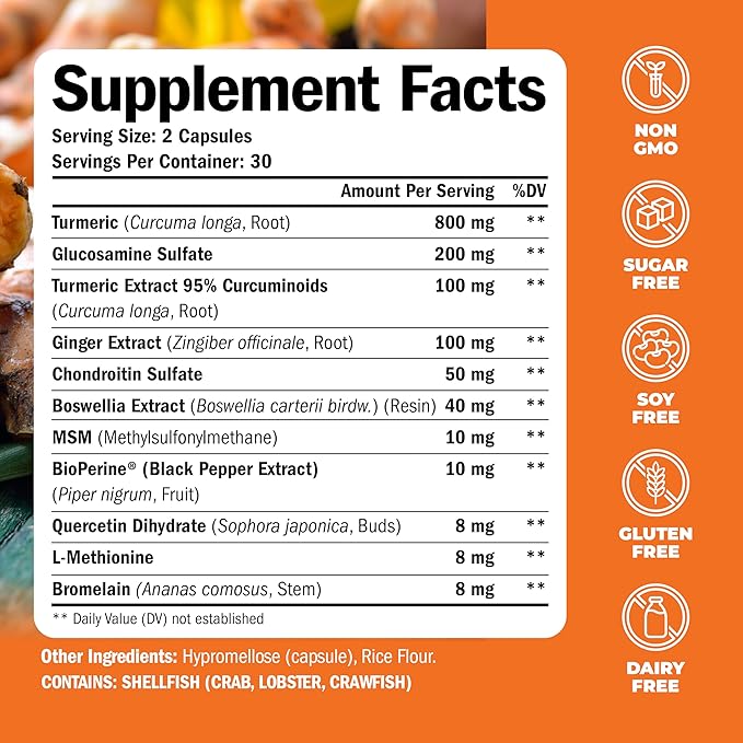 Turmeric & Glucosamine Chondroitin Joint Support Supplement for Women and Men. with Turmeric and Ginger, Boswellia, MSM, and Black Pepper (Bioperine) for Joint Health & Immune Support. 60 Capsules