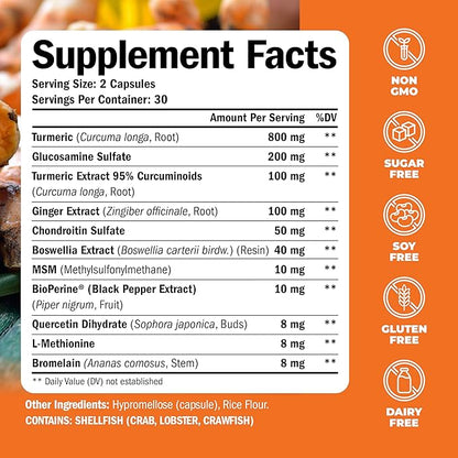 Turmeric & Glucosamine Chondroitin Joint Support Supplement for Women and Men. with Turmeric and Ginger, Boswellia, MSM, and Black Pepper (Bioperine) for Joint Health & Immune Support. 60 Capsules