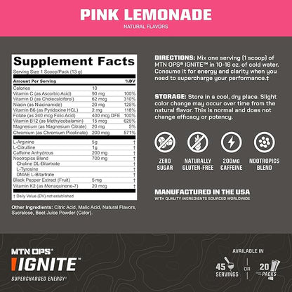 MTN OPS Ignite Energy Drink Powder, Gluten Free Nitric Oxide Supplement Drink Mix, L Arginine, L Citrulline, Caffeine & Nootropic Sugar Free Drink Mix, 45 Servings, Pink Lemonade