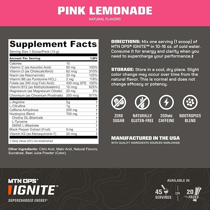 MTN OPS Ignite Energy Drink Powder, Gluten Free Nitric Oxide Supplement Drink Mix, L Arginine, L Citrulline, Caffeine & Nootropic Sugar Free Drink Mix, 45 Servings, Pink Lemonade