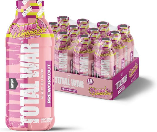 REDCON1 Total War Ready to Drink Preworkout, Pink Lemonade - 350mg of Fast Acting RTD Caffeine - Beta Alanine + Citrulline Malate for Increased Pump - Keto Friendly Workout Drink (12 Servings)