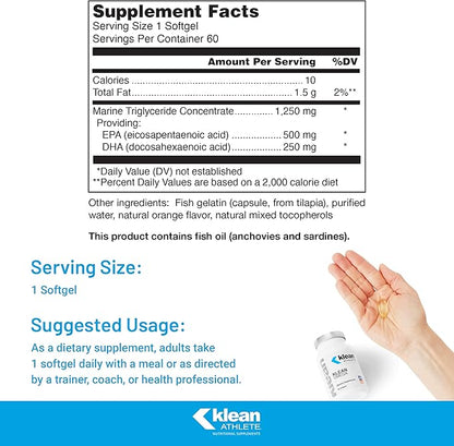 Klean ATHLETE Klean Omega | Pure Fish Oil in Triglyceride Form to Support Cardiovascular, Neurological and Joint Health | NSF Certified for Sport | 60 Softgels