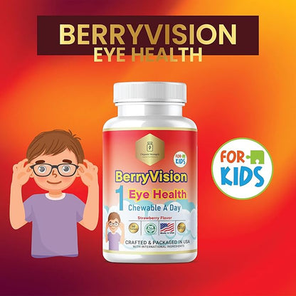 Kids Eye Health 1 Chewable Tablet A Day Halal Vitamins Strawberry Flavor 60 Servings for Age 4-12.