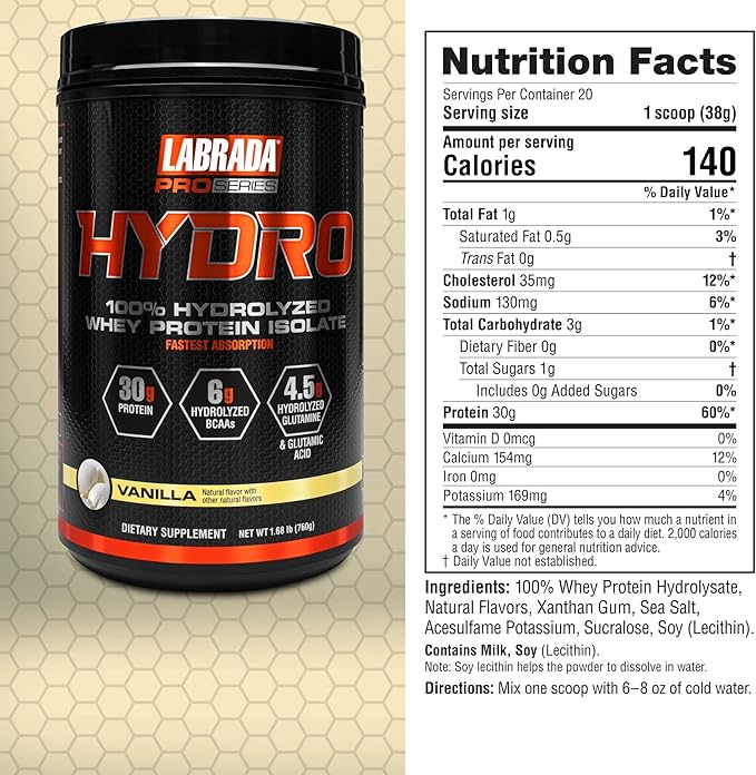 Labrada Hydro 100% Pure Hydrolyzed Whey Protein Isolate Powder, Lactose Free, 6g BCAA’s, 4.5g Glutamine, Fastest Digesting Whey Available, Instant Mixing, Delicious Taste 20 Servings (Vanilla)