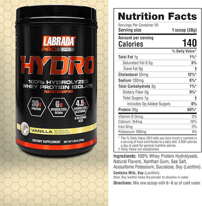 Labrada Hydro 100% Pure Hydrolyzed Whey Protein Isolate Powder, Lactose Free, 6g BCAA’s, 4.5g Glutamine, Fastest Digesting Whey Available, Instant Mixing, Delicious Taste 20 Servings (Vanilla)