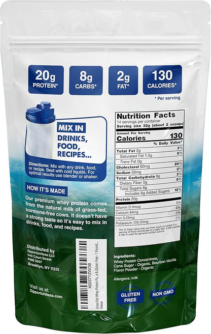 Opportuniteas Grass Fed Whey Protein Powder Concentrate - Vanilla - Pure Protein Supplement - Non GMO, Hormone Free & Gluten Free - 1lb