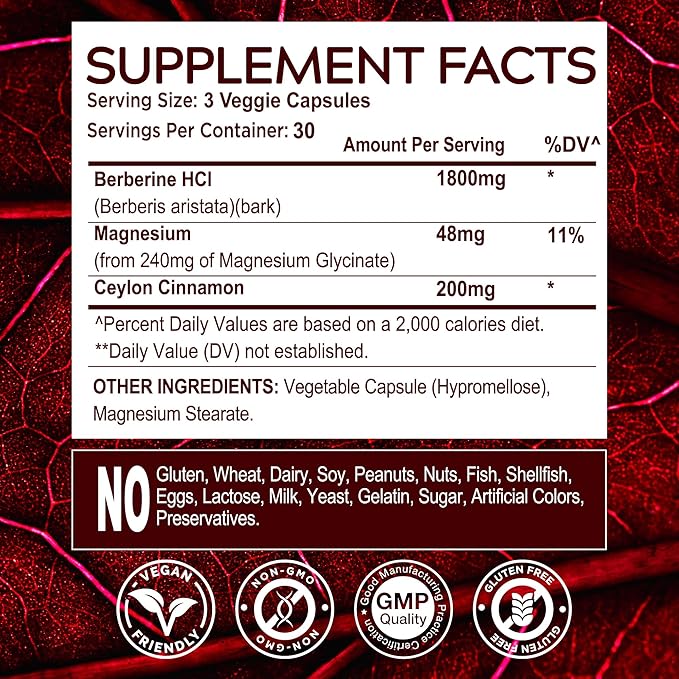 Berberine HCL Magnesium Glycinate Supplement - 1800mg High Purity Capsules with Ceylon Cinnamon - Vegan Friendly Non-GMO Gluten-Free Sugar Free Pill for Men Women