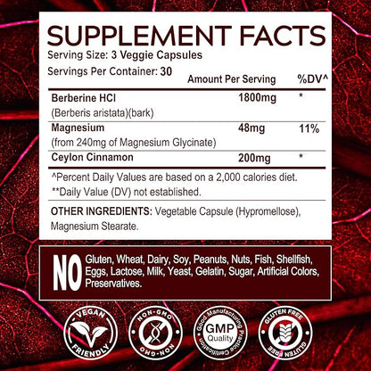 Berberine HCL Magnesium Glycinate Supplement - 1800mg High Purity Capsules with Ceylon Cinnamon - Vegan Friendly Non-GMO Gluten-Free Sugar Free Pill for Men Women