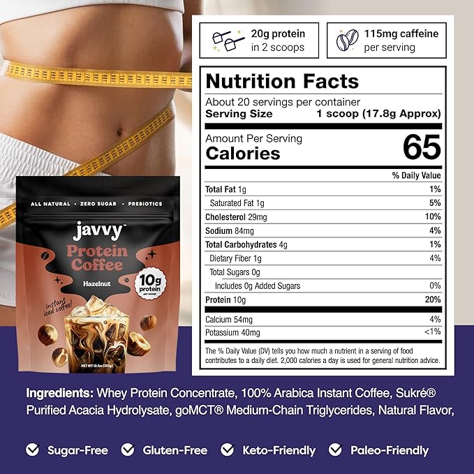 Javvy Hazelnut Protein Coffee - Premium Whey Protein & Instant Iced Coffee - 100% Arabica Coffee - Zero Artificial Flavors & Sweeteners, 20 Servings