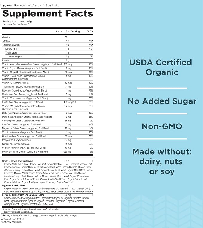 Ancient Nutrition Organic SuperGreens and Multivitamin Powder with Probiotics, Made from Real Fruits, Vegetables and Herbs, for Digestive, Detoxification and Energy Support, 25 Servings