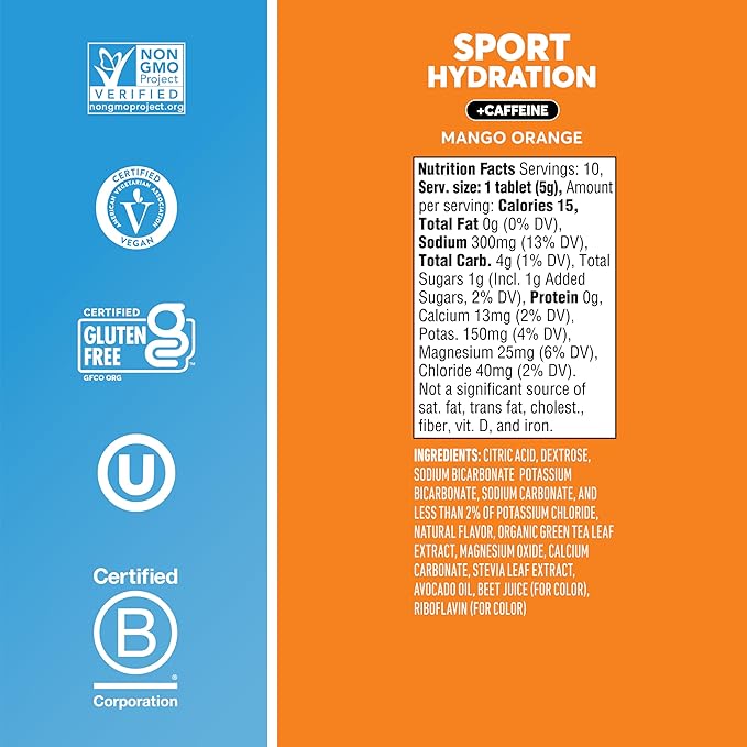 Nuun Sport + Caffeine Electrolyte Tablets - Dissolvable in Water, Mango Orange Flavor, 5 Essential Electrolytes for Hydration, 1g Sugar Drink Mix, Vegan, Non-GMO, 8 Pack (80 Total Servings)