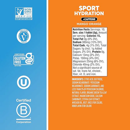 Nuun Sport + Caffeine Electrolyte Tablets - Dissolvable in Water, Mango Orange Flavor, 5 Essential Electrolytes for Hydration, 1g Sugar Drink Mix, Vegan, Non-GMO, 8 Pack (80 Total Servings)