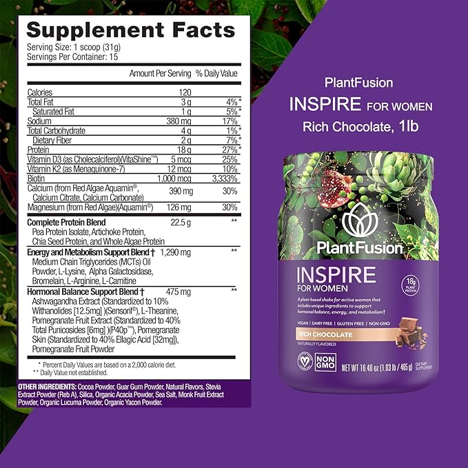 PlantFusion Inspire Plant Protein Powder for Women - Low Carb Protein Powder for Lean Muscle Support - Keto, Gluten Free, Soy Free, Non-Dairy, No Sugar, Non-GMO - Rich Chocolate 1 lb