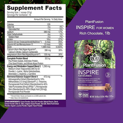 PlantFusion Inspire Plant Protein Powder for Women - Low Carb Protein Powder for Lean Muscle Support - Keto, Gluten Free, Soy Free, Non-Dairy, No Sugar, Non-GMO - Rich Chocolate 1 lb
