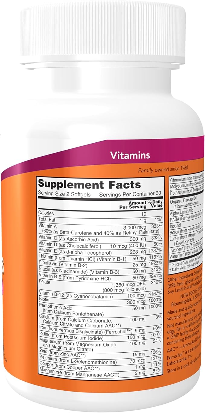 NOW Foods Supplements, Liquid Multi Gels with Lutein and Lycopene, plus Flax Seed Oil, 60 Softgels