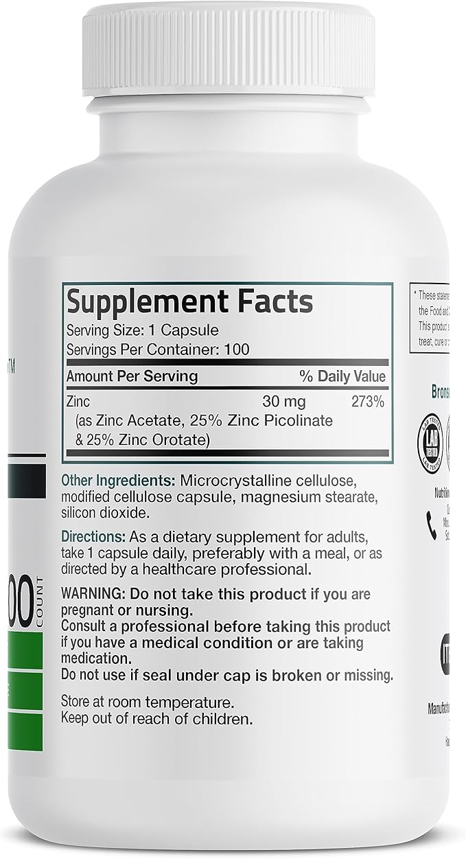 Bronson Zinc Triple Play 30 mg Triple Coverage Immune Support Zinc Supplement with Zinc Acetate, Picolinate & Orotate - Immune, Antioxidant & Skin Health Support - 100 Vegetarian Capsules