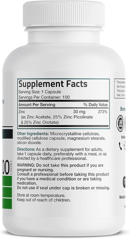 Bronson Zinc Triple Play 30 mg Triple Coverage Immune Support Zinc Supplement with Zinc Acetate, Picolinate & Orotate - Immune, Antioxidant & Skin Health Support - 100 Vegetarian Capsules