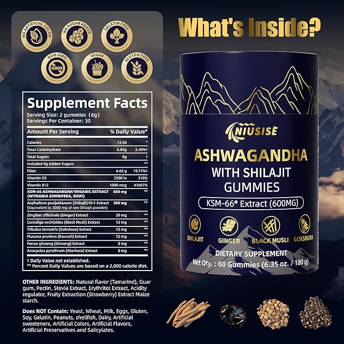 Ashwagandha Gummies with Shilajit 300mg for Women & Men, Zero Sugar ashwagandha Supplements with Maca Root Powder | Organic ashwagandha Extra Strength for Boost Energy 60 Gummies