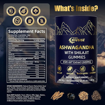 Ashwagandha Gummies with Shilajit 300mg for Women & Men, Zero Sugar ashwagandha Supplements with Maca Root Powder | Organic ashwagandha Extra Strength for Boost Energy 60 Gummies