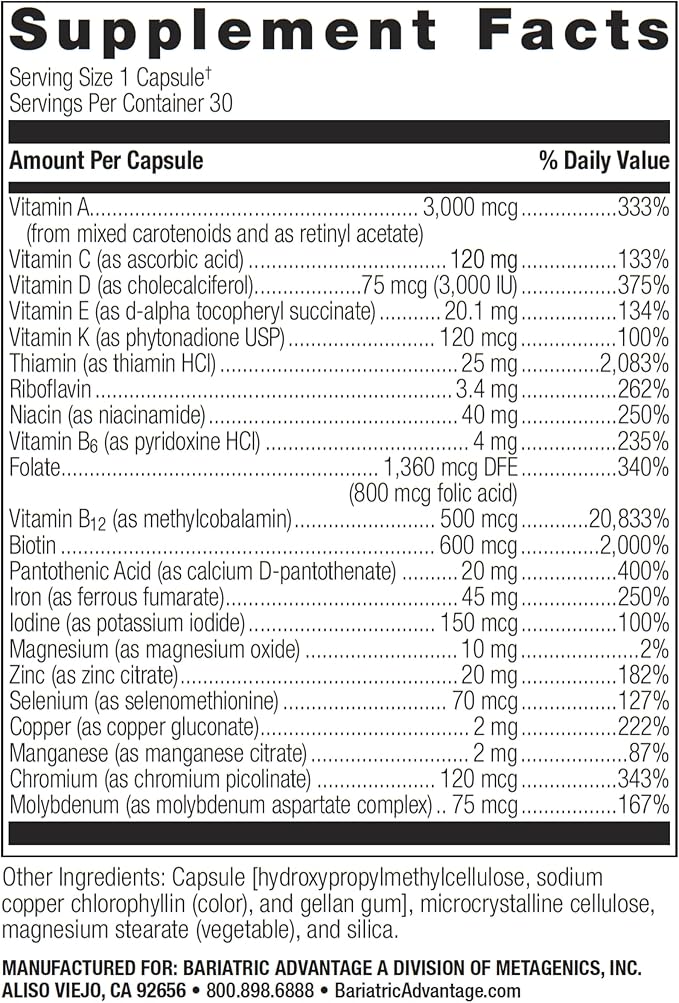 Bariatric Advantage Ultra Solo with Iron Daily Multivitamin for Gastric Bypass Surgery and Sleeve Gastrectomy Patients, Includes Vitamin B12, C, D, K, Thiamin and Copper - 30 Count