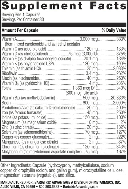 Bariatric Advantage Ultra Solo with Iron Daily Multivitamin for Gastric Bypass Surgery and Sleeve Gastrectomy Patients, Includes Vitamin B12, C, D, K, Thiamin and Copper - 30 Count