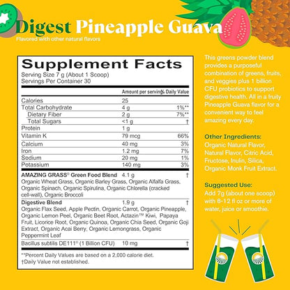 Amazing Grass Greens Blend Digest: Super Greens Powder Smoothie Mix for Digestion Support with Organic Spirulina, Chlorella, Beet Root Powder, Digestive Enzymes & Probiotics, 30 Servings
