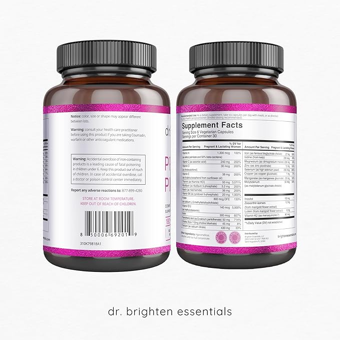 Dr. Brighten Prenatal Plus - Women’s Formulation, Active B Vitamins, Minerals, Antioxidants for Pregnant or Nursing Mothers, Non-GMO Vegan, No Gluten, No Soy - 180 Capsules