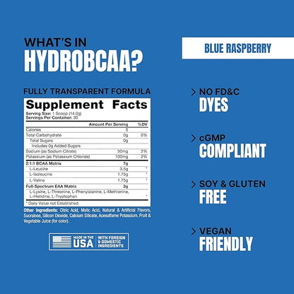 PROSUPPS HydroBCAA Essentials BCAA Powder - Pre Workout and Post Workout Drink with EAAs Amino Acid Powder for Muscle Recovery, Energy, Fat Loss and Hydration (Blue Raspberry, 30 Servings)
