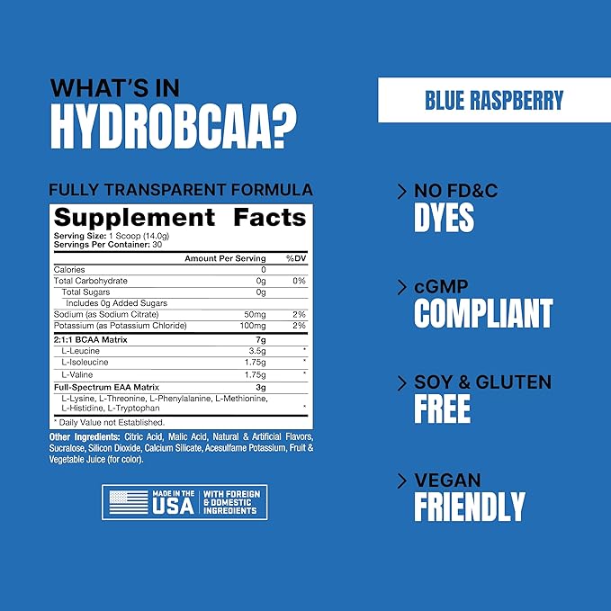PROSUPPS HydroBCAA Essentials BCAA Powder - Pre Workout and Post Workout Drink with EAAs Amino Acid Powder for Muscle Recovery, Energy, Fat Loss and Hydration (Blue Raspberry, 30 Servings)