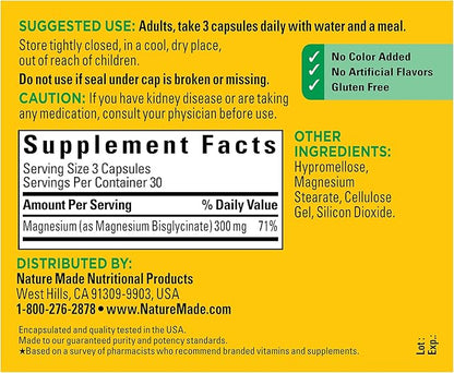 Nature Made High Absorption Magnesium Glycinate 300mg per 3 Capsules, Magnesium Supplement for Muscle, Heart, Nerve and Bone Support, 90 Magnesium Bisglycinate Capsules, 30 Day Supply