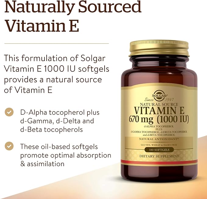 Solgar Vitamin E 670 mg (1000 IU), 100 Softgels - Natural Antioxidant, Skin & Immune System Support - Naturally-Sourced Vitamin E - Gluten Free, Dairy Free - 180 Servings