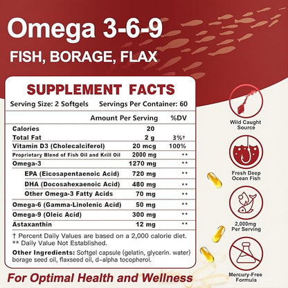 Triple Omega 3-6-9 Fish Oil 2000mg - High Potency with Vitamin D3 & Astaxanthin, Support for Heart, Brain and Immune Health - Includes Flaxseed & Borage, 60 Servings