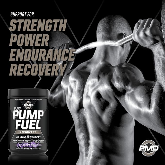 PMD Sports Ultra Pump Fuel Insanity - Pre Workout Drink for Energy, Strength, Endurance, Recovery - Complex Carbohydrates and Amino Energy - Wild Grape Gusher (30 Servings)