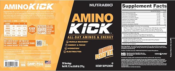 NutraBio Amino Kick - Amino Acid Energy Formula - BCAA's, Electrolytes for Hydration, Natural Caffeine- 30 Servings (Georgia Peach Tea)