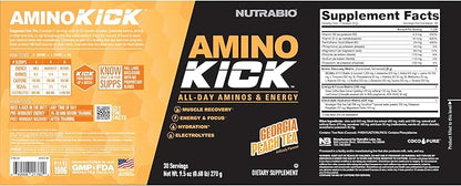 NutraBio Amino Kick - Amino Acid Energy Formula - BCAA's, Electrolytes for Hydration, Natural Caffeine- 30 Servings (Georgia Peach Tea)