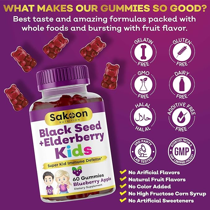 Sakoon nutrition Elderberry & Black Seed Oil Gummies for Kids, Immune Support Gummies, with Vitamin C and Zinc, Delicious Berry Flavor, 60 Gummies