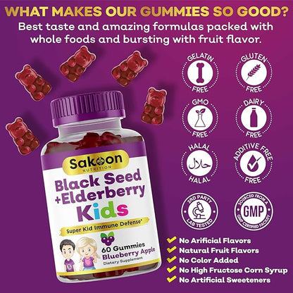 Sakoon nutrition Elderberry & Black Seed Oil Gummies for Kids, Immune Support Gummies, with Vitamin C and Zinc, Delicious Berry Flavor, 60 Gummies